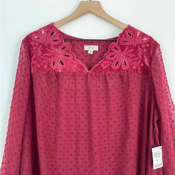 NEW Style & Co Red Swiss Dot Velvet Yoke Sheer Top Plus Size 2X Eyelet Floral - Picture 5 of 6